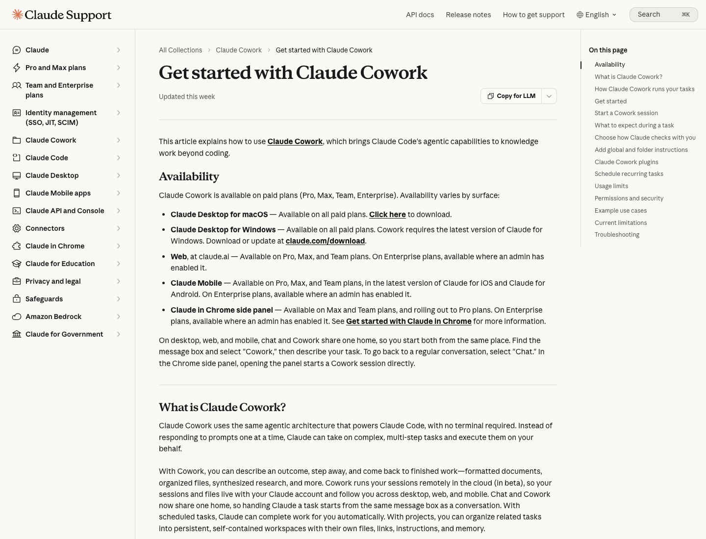 Claude Support's current Get started with Claude Cowork page.