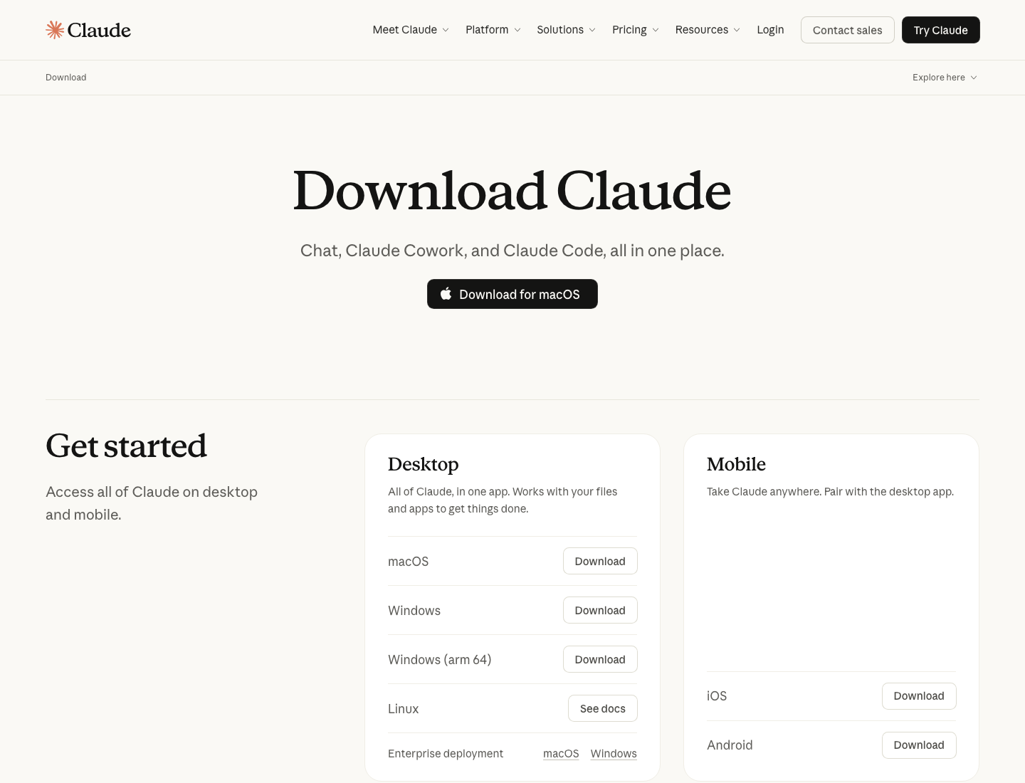 Claude's official Desktop download page.