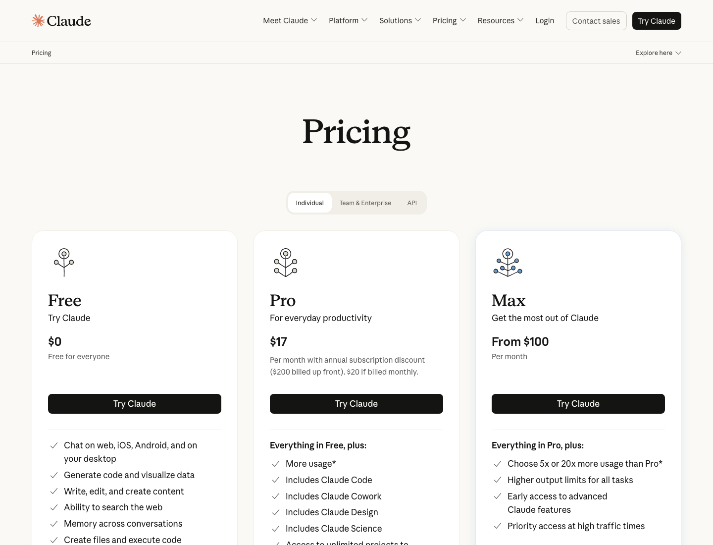 Claude's Individual pricing page showing Free, Pro, and Max plans.